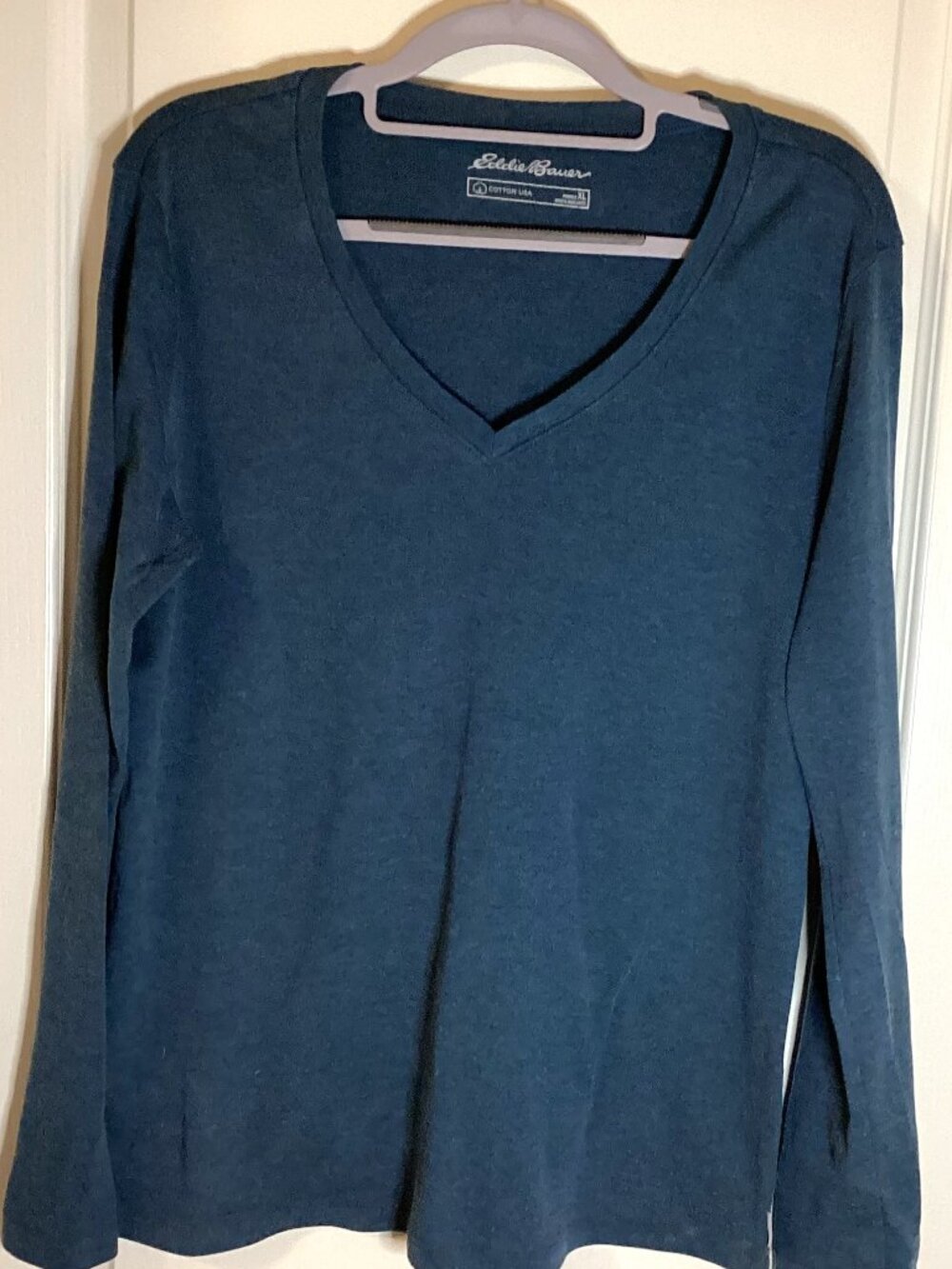 Eddie Bauer Womens Blue V-Neck Long Sleeve Stretchy T-Shirt Top Size XL Layering
